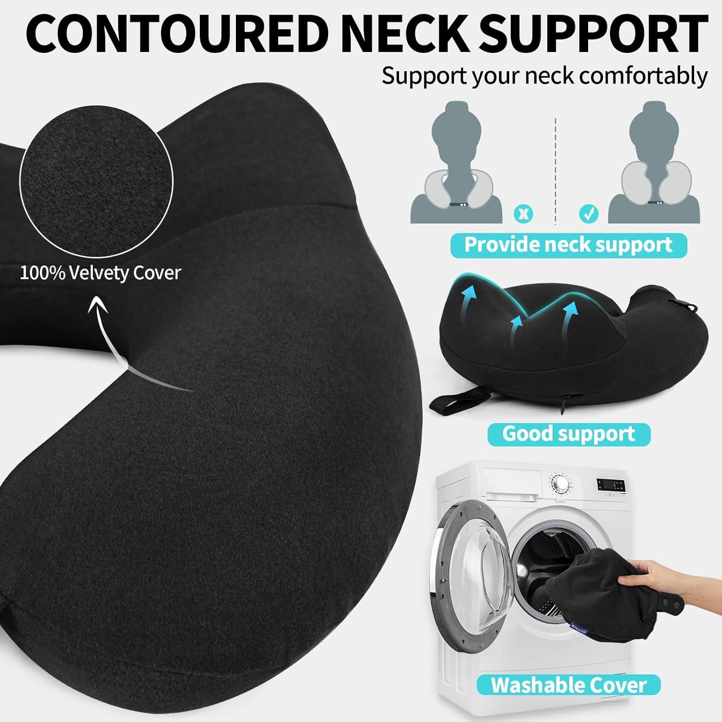 Inflatable Travel Neck Pillow for Airplane, Head Support Velvet Adult Neck Pillow for Long Flight, Kit with Eye Mask, Earplugs and Storage Bag,1, Black