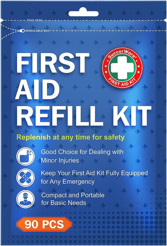 90 Pieces First Aid Refill Kit - Wound Care Kit Includes Bandages for Home, Travel, Hiking - Portable Replacement Kit for First Aid Medical Supplies（1 Set）