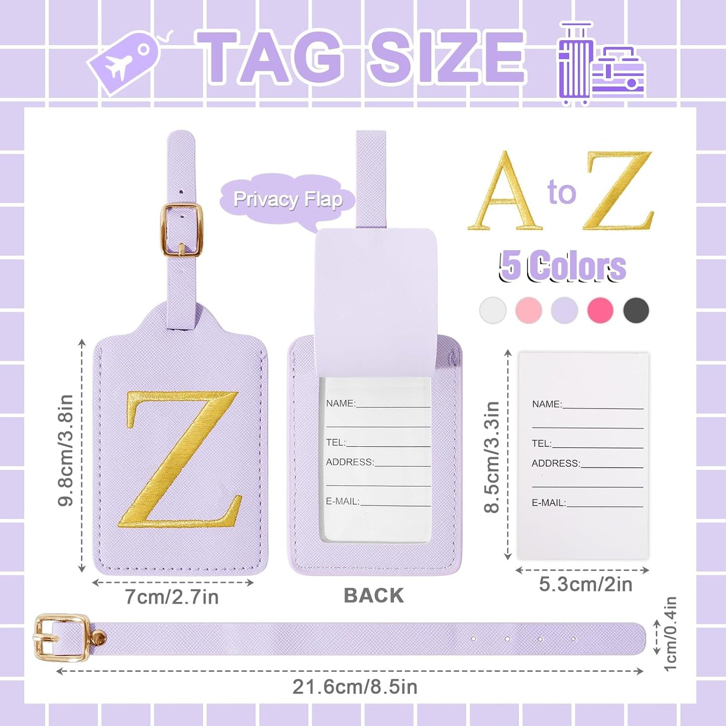 Personalized Initial Luggage Tags for Suitcase, Purple Leather Cute Luggage Tags with Privacy Cover Name Card, Embroidered Custom Monogrammed Luggage Tag Travel Backpack Tags Gifts for Women Kids(Z)