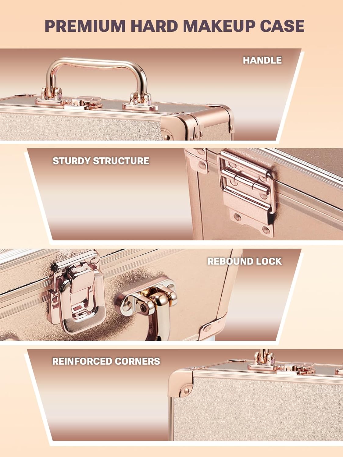 Qislee Makeup Box with A Detachable Lighted Mirror, Waterproof Travel Train Case, Cosmetic Organizer and Makeup Suitcase with Adjustable Dividers, Magnetic LED Mirror(Rose Gold)