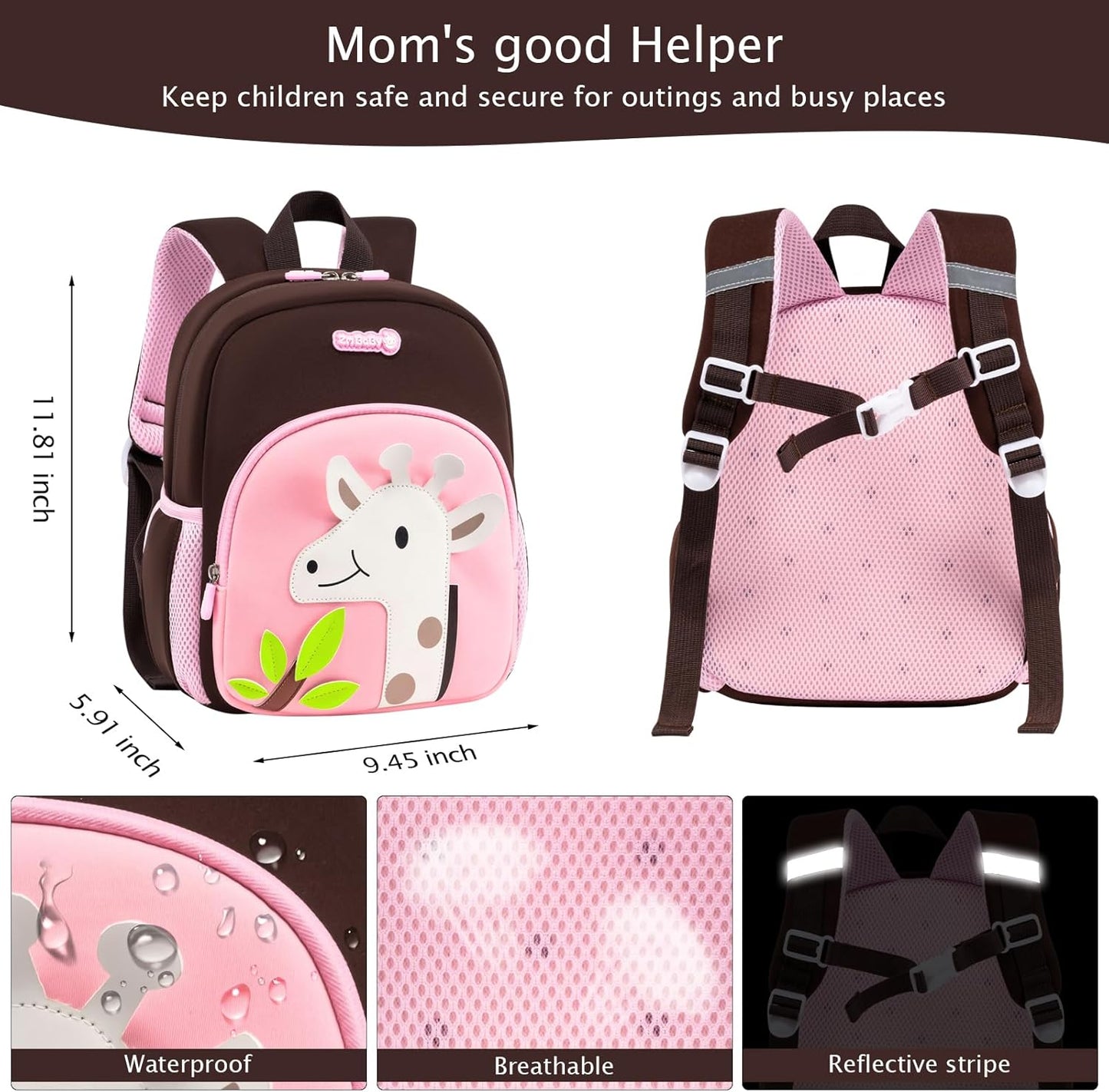 Padgene Toddler Harness Backpacks Safety Leash Kids Anti Lost Kindergarten Preschool Backpack Neoprene Lightweight Animal Schoolbag 3D Cartoon Dinasour Mini Travel Bag for Boys Girls Ages 3-5