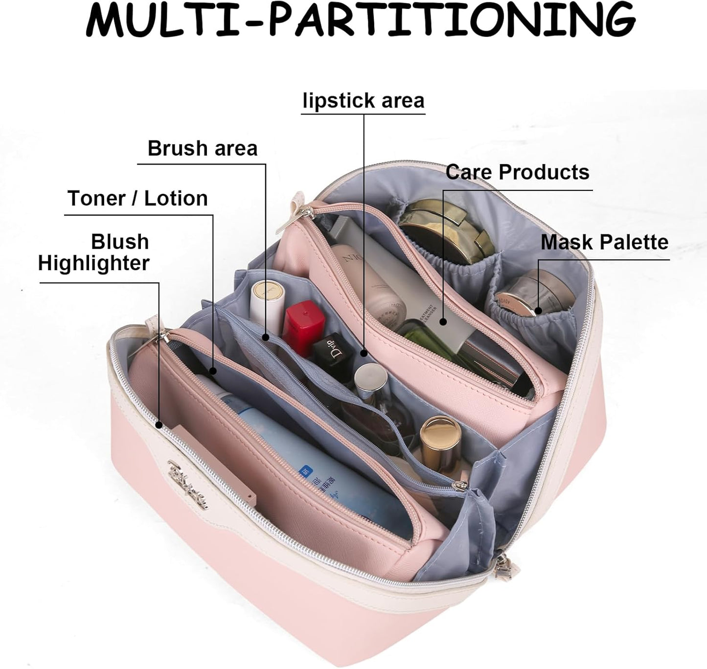 BOYATU Travel Makeup Bag Organizer Cosmetic Bag: 3 Pcs Set Make up Bags for Women with Handle - Waterproof Vegan Leather Toiletry Bags with Comparments (D-04-Pink)