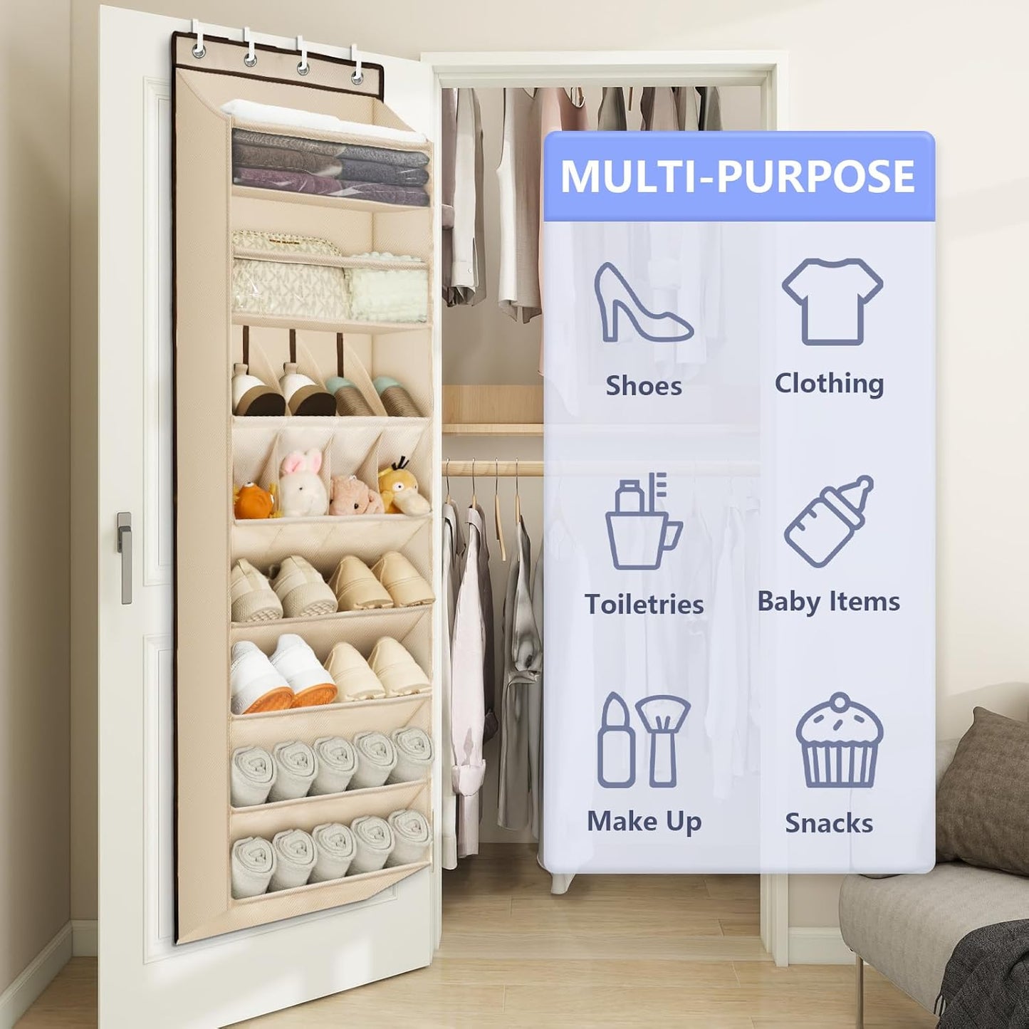 FENTEC 1 Pack Over The Door Shoe Organizer, 68" Exlarge Deep Pockets Hanging Shoe Organizers, 8-Tier Shoe Rack for Closet, Shoe Holder for Boots,Over Door Organizer in Home, RV, Dorm, Beige