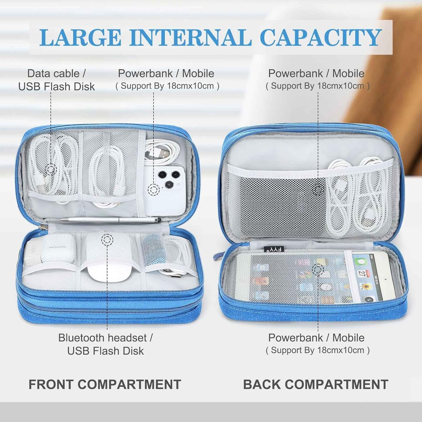 FYY Electronic Organizer, Large Travel Cable Organizer Bag Pouch Electronic Accessories Carry Case Portable Waterproof Double Layers All-in-One Storage Bag for Cable, Cord, Charger, Phone, Cyan