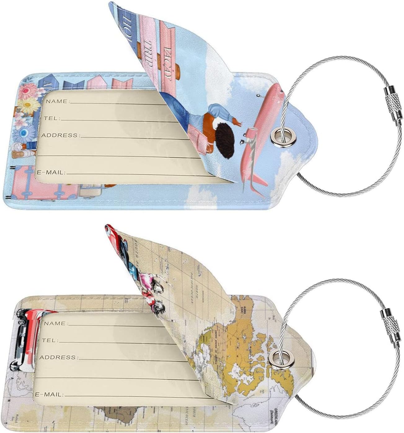 2 Pack Travel Luggage Tags for Suitcases Women Men Kids, Bag Tags for Leather Luggage with Waterproof Suitcase Tags Privacy Cover Name ID Label Steel Loop for Travel Bag Suitcase (Travel)