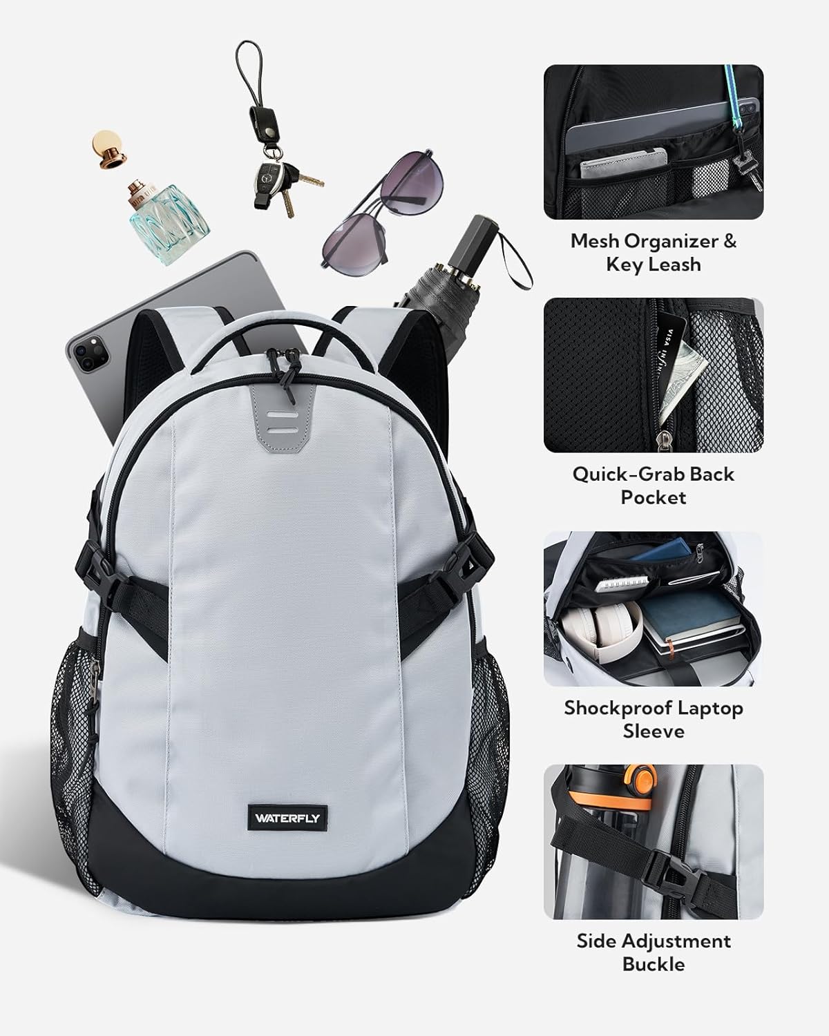 WATERFLY Small Casual Travel Backpack: 20L for Men Women Work Commuter Everyday EDC Daypack Hiking Gym Sport Workout Grey