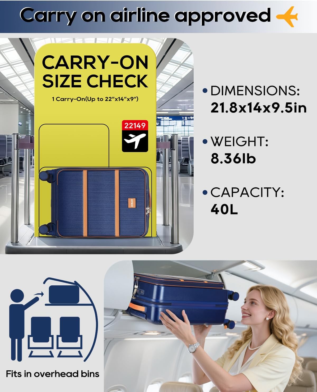 Joyway Carry on Luggage Airline Approved with Front Pocket, Hardside 20 Inch Travel Luggages with Cup Holder, Carry-on Suitcase with Spinner Wheels for Men and Women (Blue, 20 Inch)