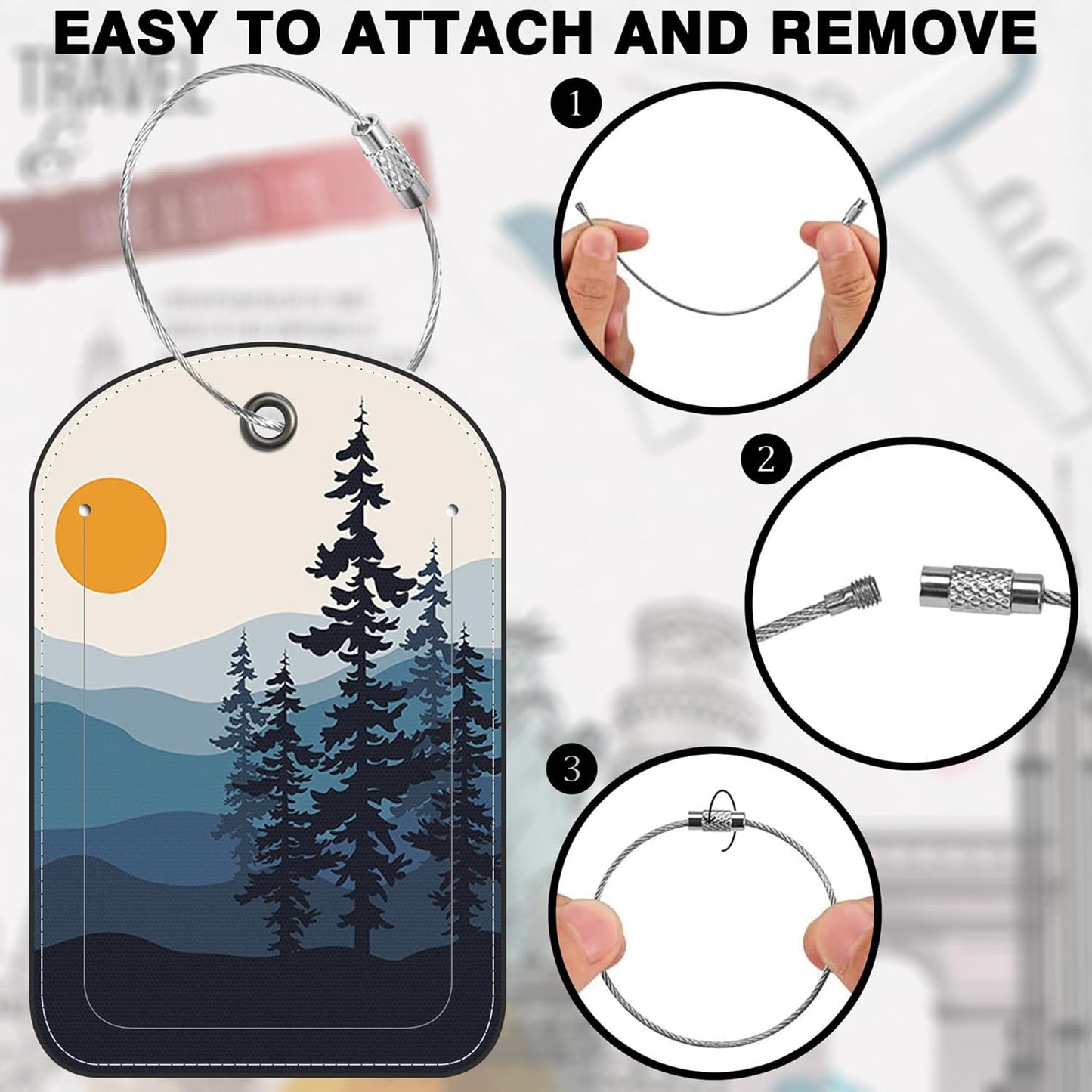 2 Pack Luggage Tag for Suitcase Sun Mountains Tree River Landscape Leather Suitcase Tags with Privacy Name ID Label and Stainless Steel Loop for Travel Bag