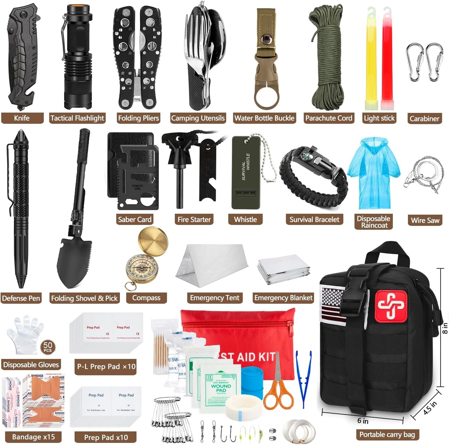 238Pcs Emergency Survival Kit and First Aid Kit, Professional Survival Gear Tool with Tactical Molle Pouch and Emergency Tent for Earthquake, Outdoor Adventure, Camping, Hiking, Hunting