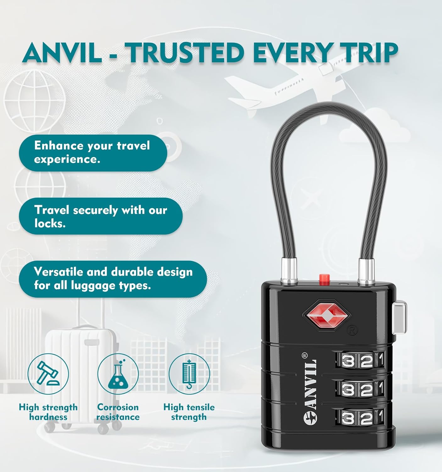 ANVIL TSA Approved Luggage Locks – High Security TSA008 Combination Travel Locks with Inspection Indicator for Suitcases and Backpacks. (1, Black)