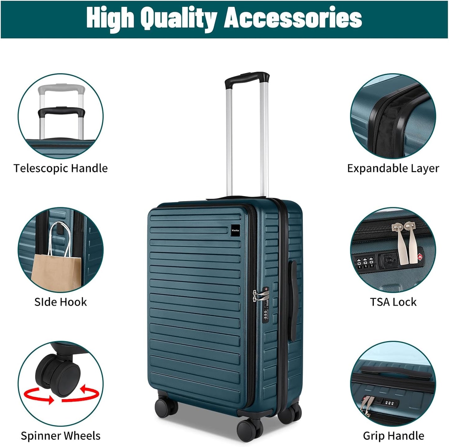 3-Piece 20/24 Top Opening Hardshell Lightweight Luggage and 28-Inch Clamshell Opening Suitcase with Spinner Wheels & TSA Locks, Teal Blue, 20in/24in/28in