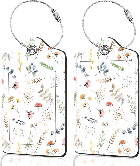 2Pack Luggage Tags for Suitcases, Cute Unique Pu Leather Cruise Luggage Tag with Privacy Cover ID Label Address Card and Metal Ring Suitable for Women Men Kids Travel Bag Floral and Plant Patternsn