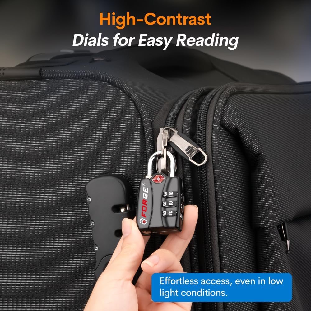 Forge Luggage Locks TSA Approved Black 1 Lock, Small Combination Lock with Zinc Alloy Body, Open Alert, Easy Read Dials, for Travel Suitcase, Bag, Backpack, Lockers.
