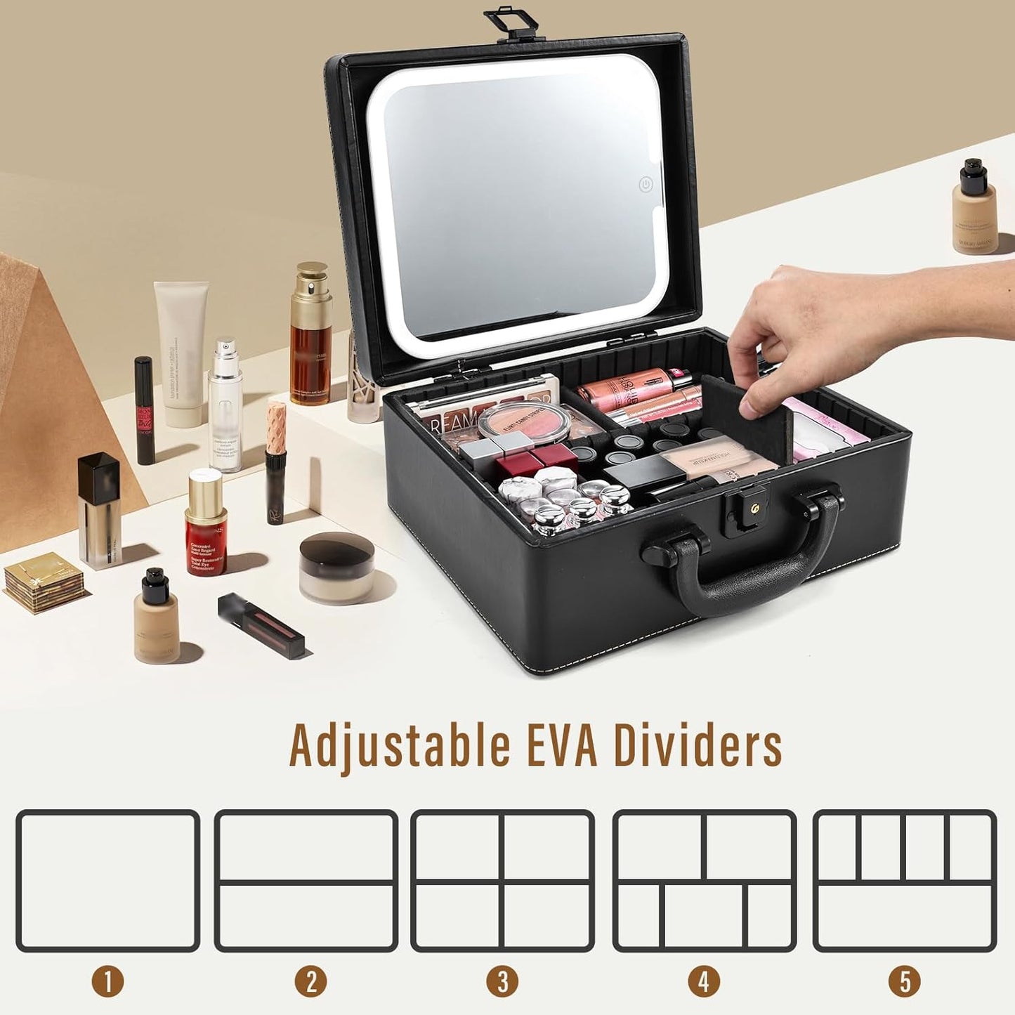 Joligrace Makeup Box with Detachable Lighted Mirror, Travel Train Case, Portable Makeup Case Cosmetic Organizer Vanity Cases for Women with Adjustable Dividers, Rechargeable Magnetic LED Mirror, Black