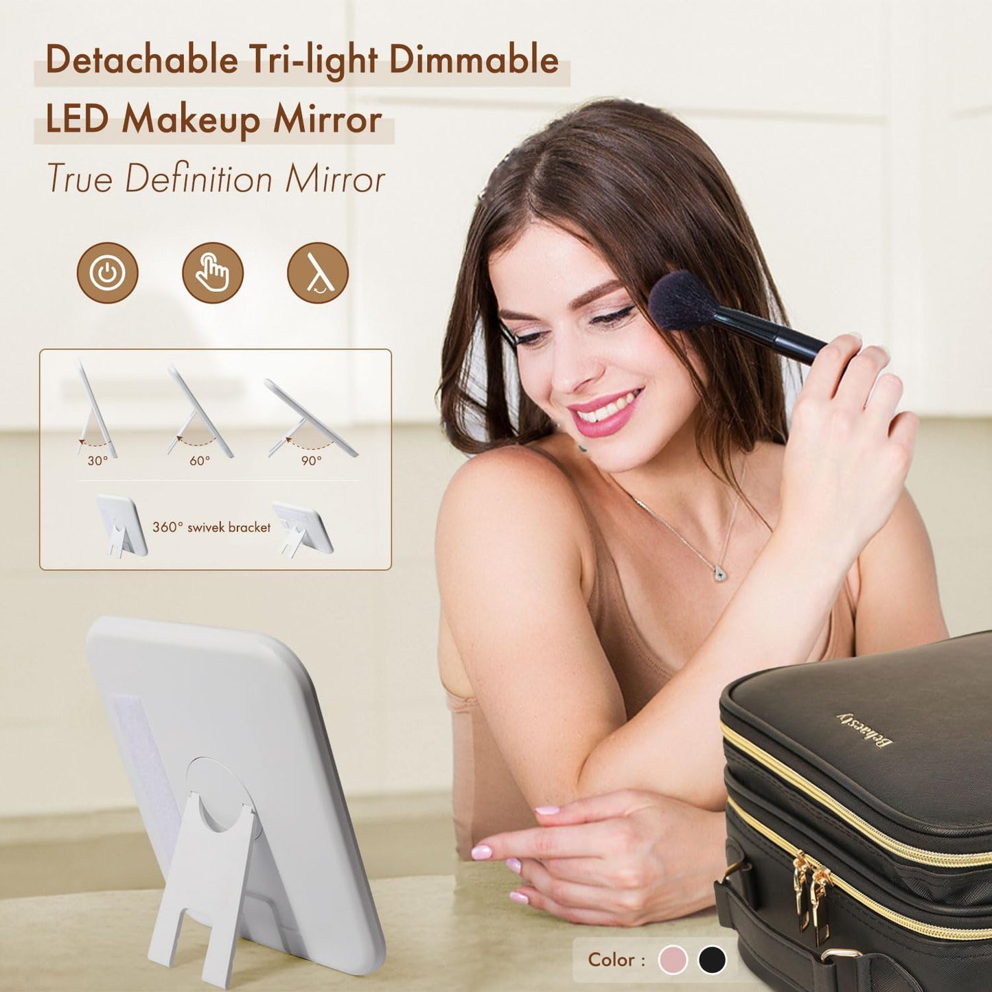 Travel Makeup Bag with LED Mirror Double Layer, Detachable Vanity Mirror with Lights, Tri-light Dimmable, Makeup Case with Adjustable Dividers and Brush Holder Cosmetic Organizer Storage Box