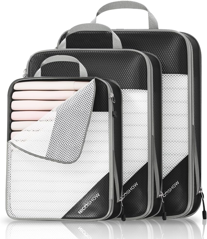 3 Set Compression Packing Cubes for Travel - Compressible, Lightweight, and Space-Saving Packing Cubes, Travel Essentials for Women, Black
