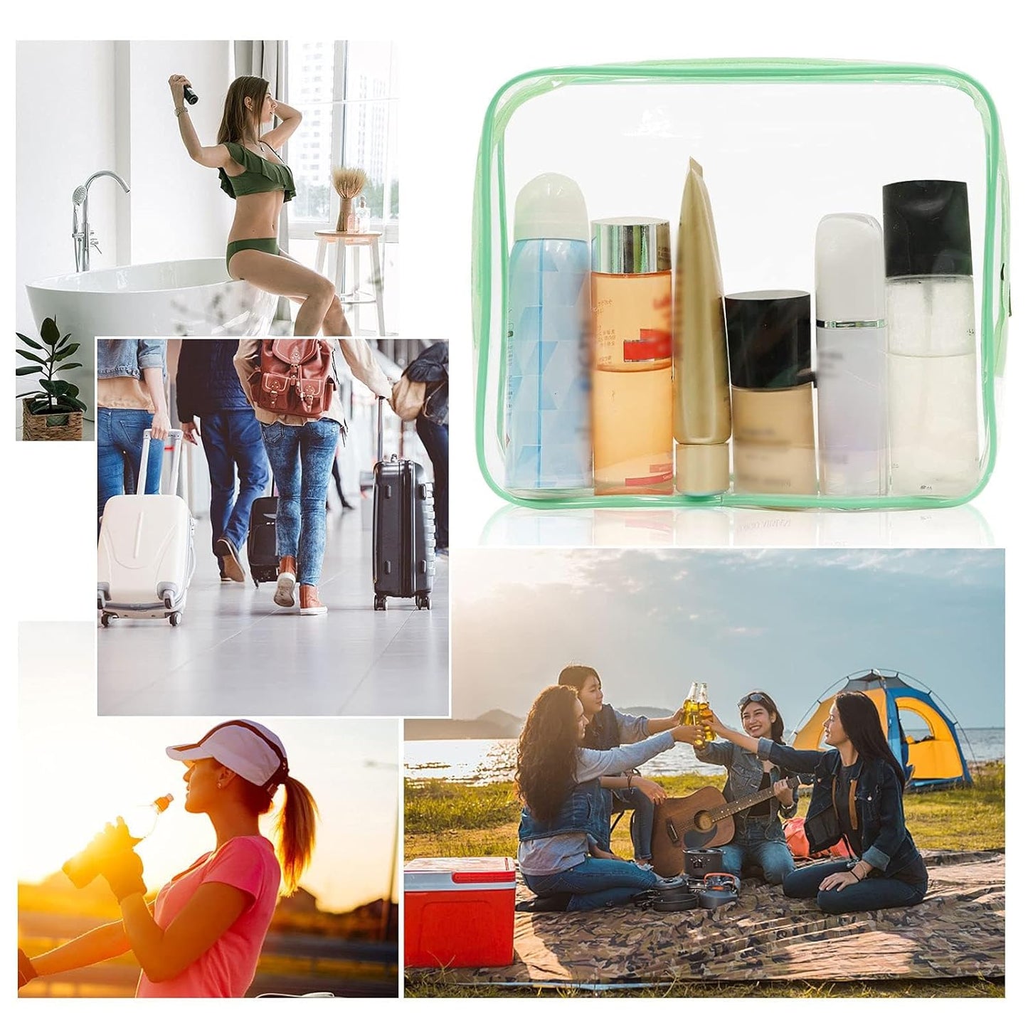 APREUTY Clear Makeup Bags, TSA Approved 6 Pcs Cosmetic Makeup Bags Set Clear PVC with Zipper Handle Portable Travel Luggage Pouch Airport Airline Vacation Organization (Green)