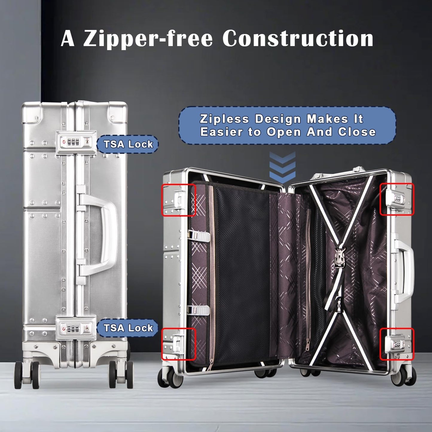 DOMINOX All Aluminum Carry On Luggage Hard Shell Luggage Aluminum Suitcase for Travel Zipperless Luggage Checked Luggage with Silent 360° Spinner Wheels 20 In. (Industry Style, Sliver)