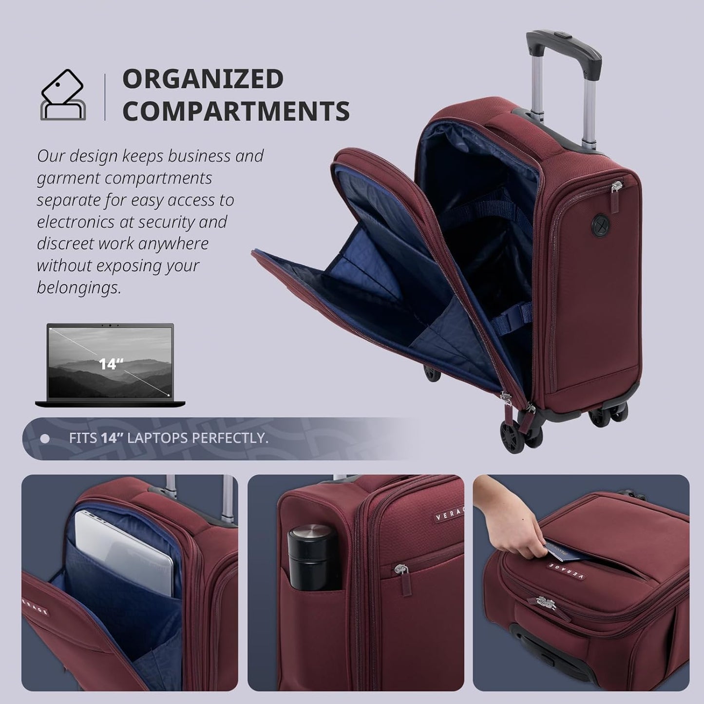 Verage Underseat Carry On Luggage with Wheels, 14.5-Inch Spinner Small Suitcase, Softside Lightweight Travel Bag for Men and Women, Airplane Carry On Bag, Burgundy Red