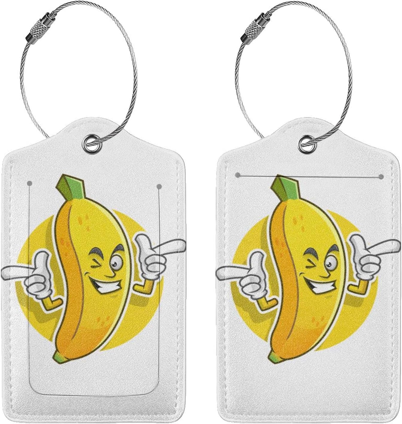 2 Packs Cute Banana Pattern Leather Luggage Tags Novelty Funny Cartoon Suitcase Labels Bag Tag Name ID Labels with Privacy Cover for Teen Kids Adult White Background