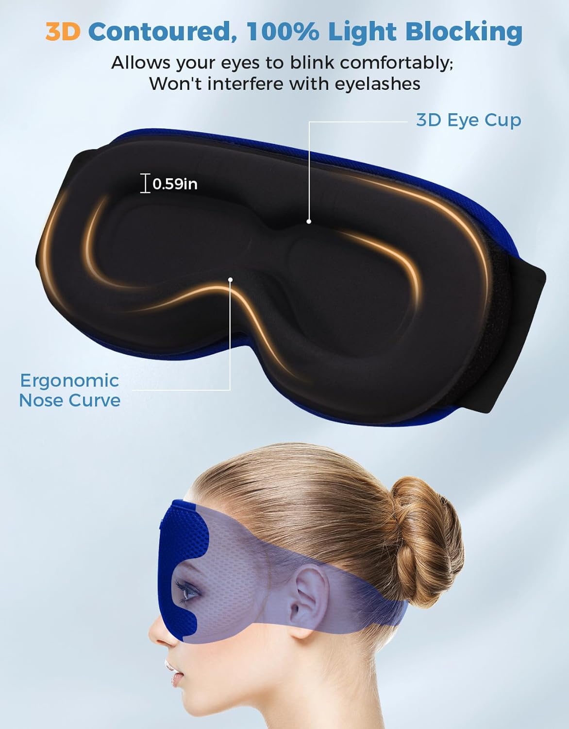 3D Contoured Sleep Mask with Bluetooth Headphones, Eye Masks for Sleep, Sleeping Mask with Ultra-Thin Stereo Speakers for Men, Women, Gifts - Blue