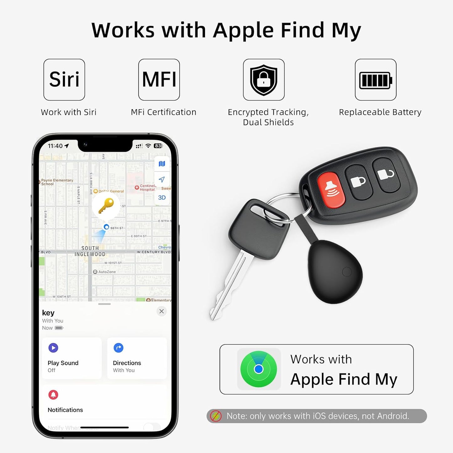 [Apple MFi Certified] Air Tracker Tag 1 Pack (iOS Only), Bluetooth Tracker for Apple Find My, Replaceable Battery, Key Finder and Item Locator Smart Tag for Keys, Bags, Luggage, Pets, Wallet (Black)