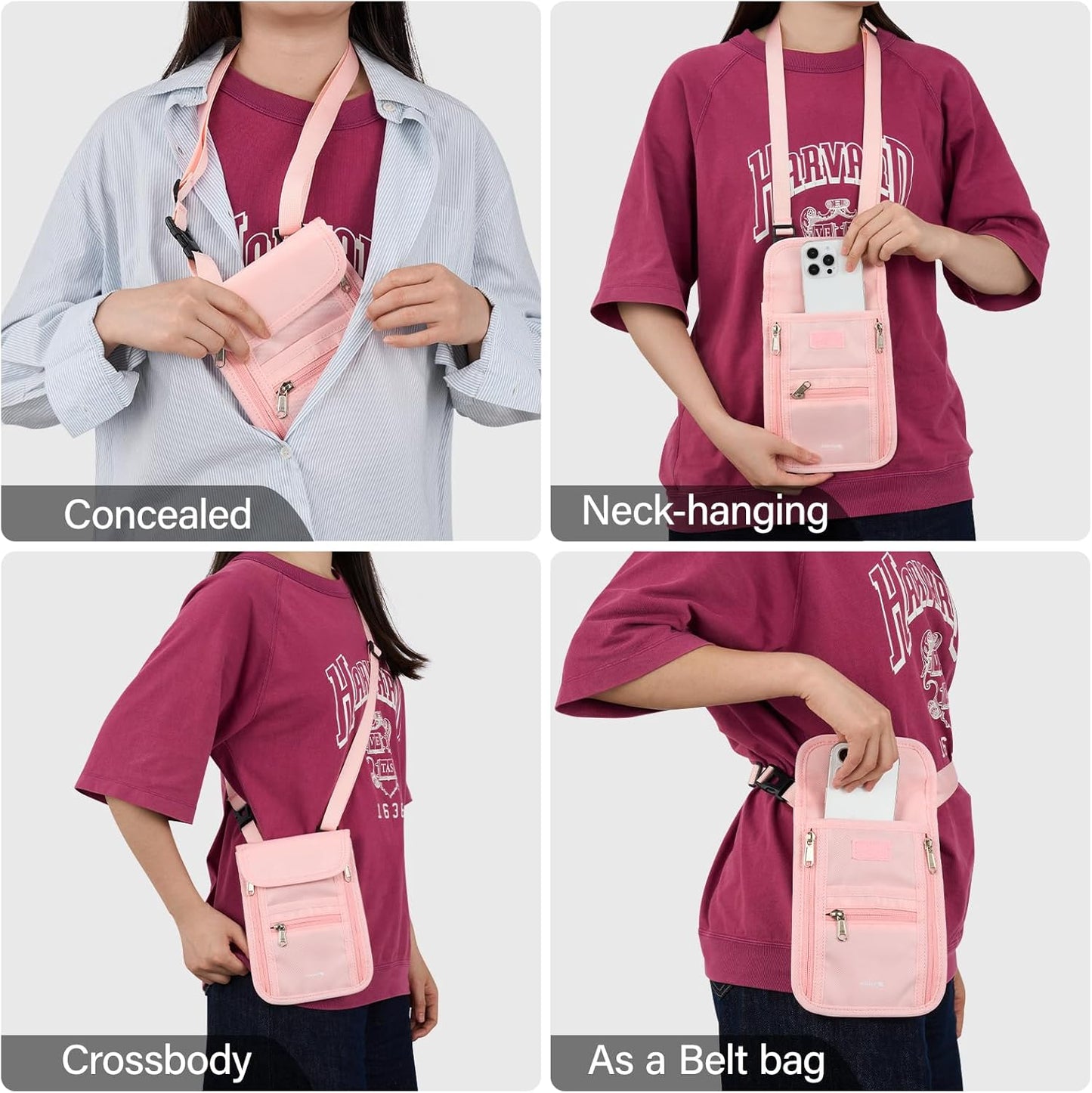 Hanke Passport Holder, Travel Wallet for Womens and Men, Neck Wallet Hidden Passport Pouch for Travel Adjustable Lightweight Thin with 6 compartments (Pink)