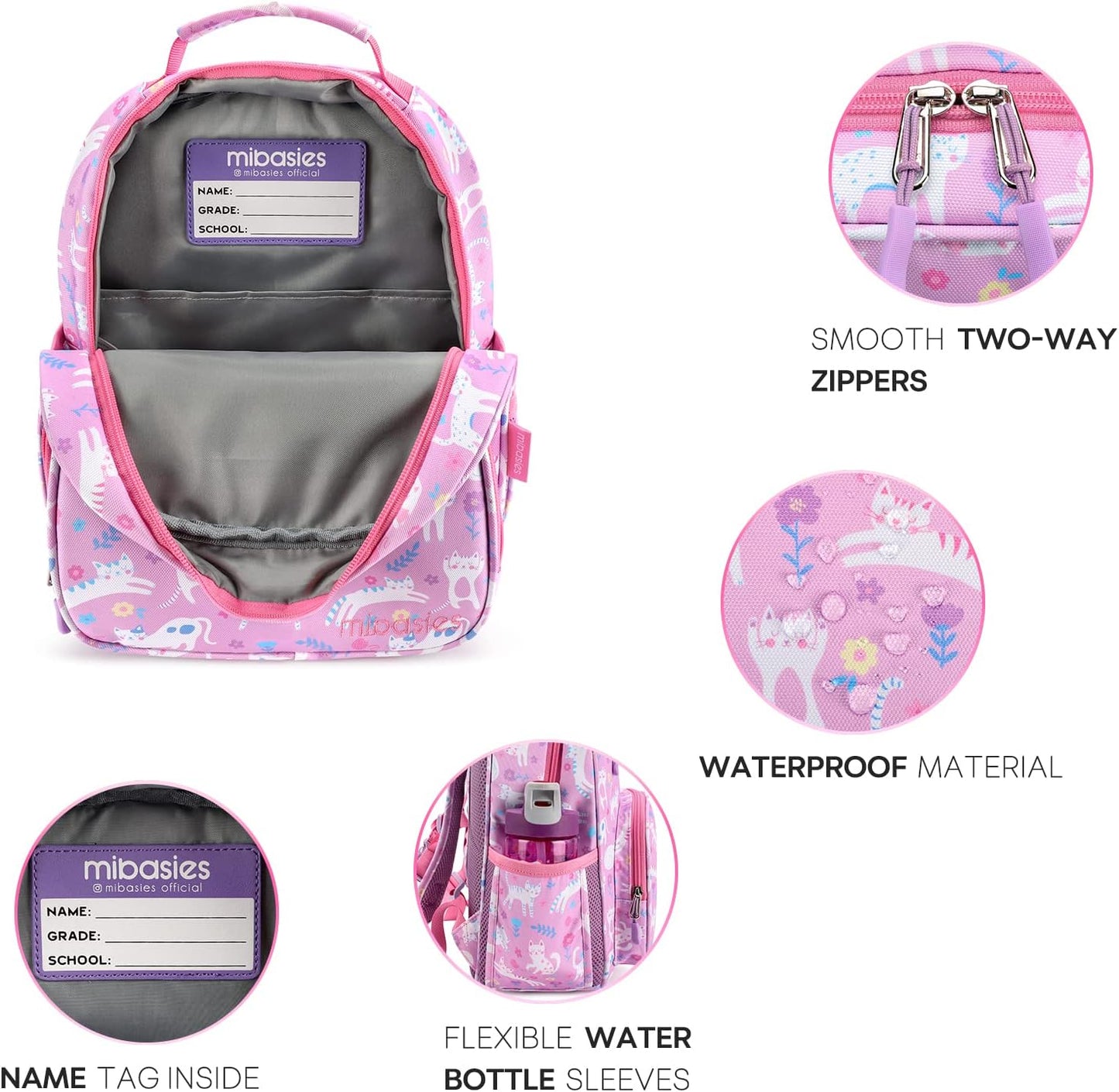 mibasies Toddler Backpack for Girls 2-4: Cute Kids Backpacks for Girls - Preschool Kindergarten Backpack - Flower Cat