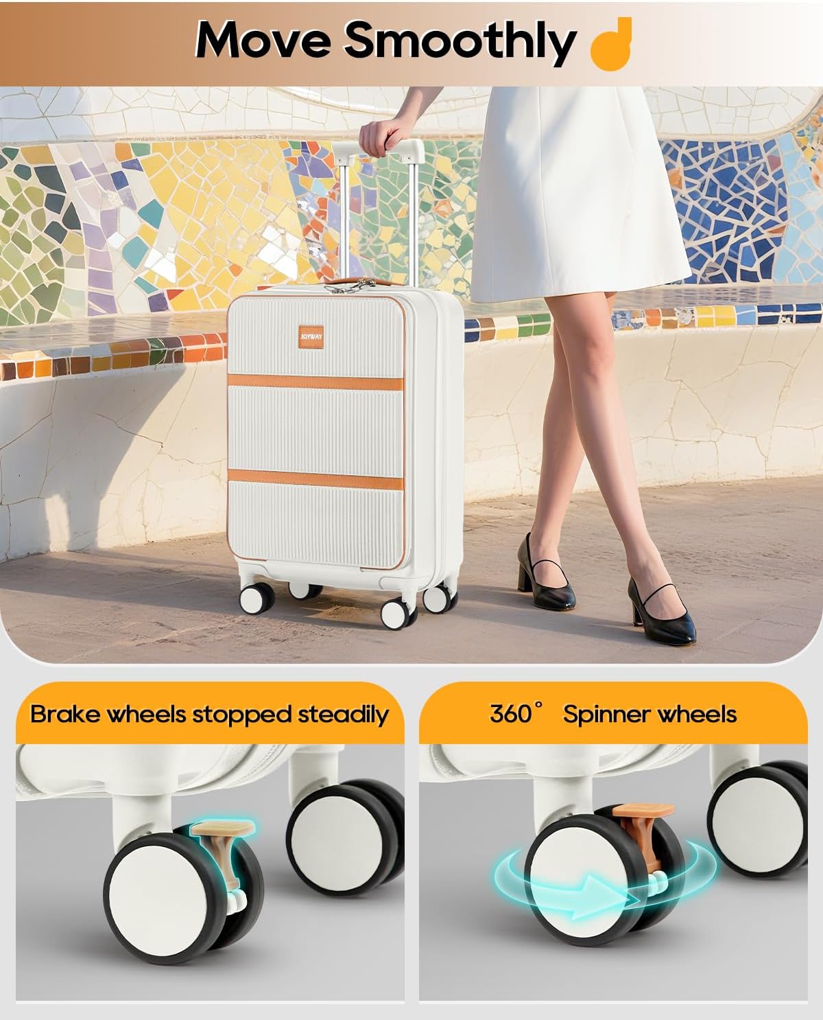 Joyway Carry on Luggage Airline Approved with Front Pocket, Hardside 20 Inch Travel Luggages with Cup Holder, Carry-on Suitcase with Spinner Wheels for Men and Women (White, 20 Inch)