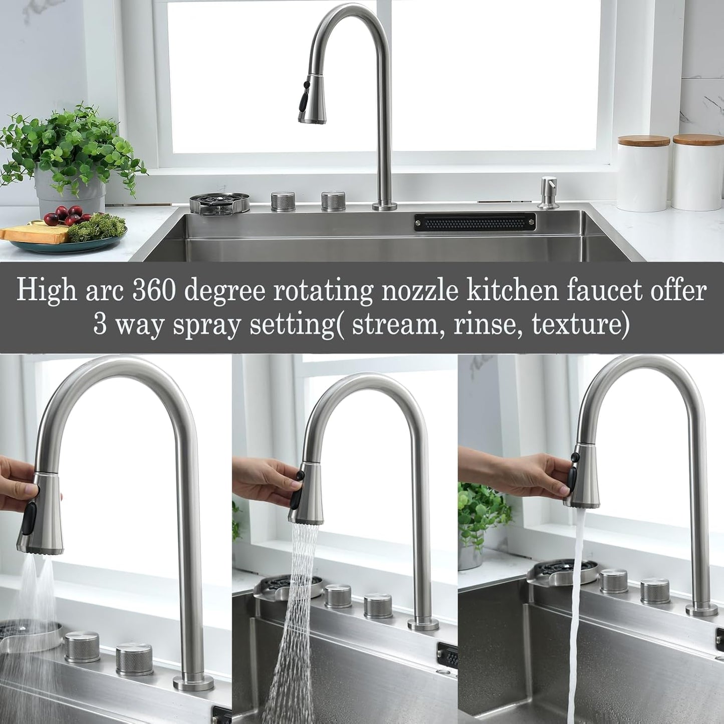 33 Inch Waterfall Drop In Kitchen Sink with Fuacet Combo-Bokaiya 33x22 Waterfall Kitchen Sink with Cup Washer Stainess Steel Top Mount 16 Gauge Multifunctional Deep Single Bowl Modern Kitchen Sinks