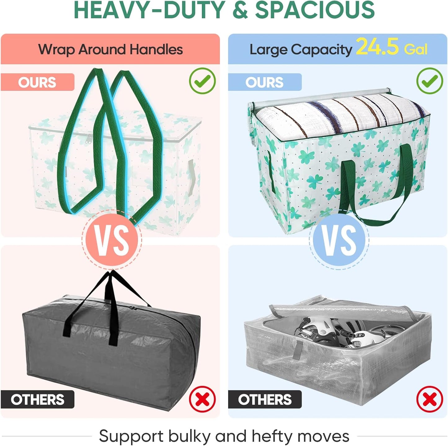 BALEINE 8-Pack Oversized Moving Bags with Reinforced Handles, Heavy-Duty Storage Tote for Clothes, Moving Supplies (Clover, 8-Pack)