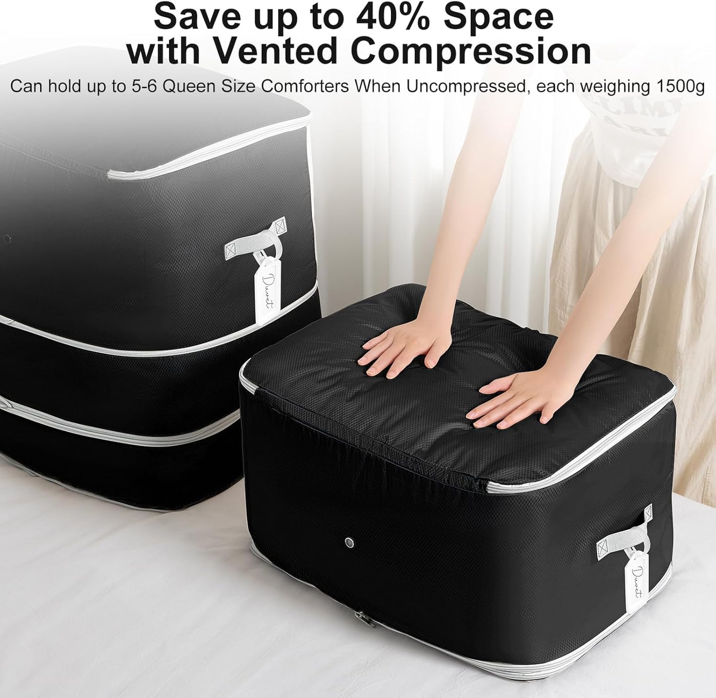 Comforter Storage Bag - 130L Large Capacity Blanket Storage Bags 3-Layer Ultra Space Saving Self Compression Organizer, Washable Compression Bags for Storage Comforter Blanket, 4-Pack, Black