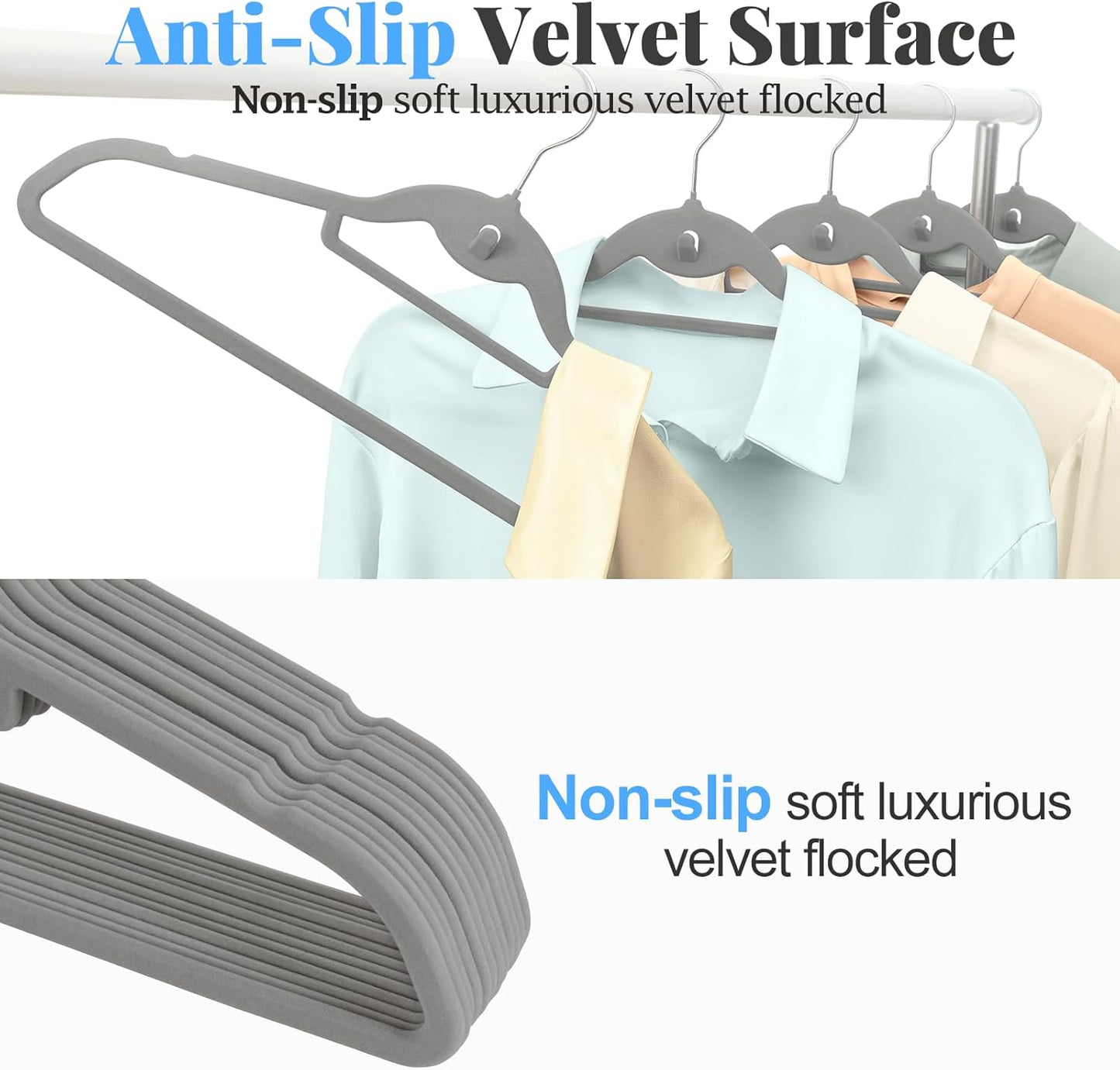 Velvet Felt Stackable Hangers 50 Pack, Non Slip, with 360° Swivel Hook, Ultra Thin and Space Saving for Suits, Shirts, Coats, 15Lbs Capacity Heavy Duty, Gray