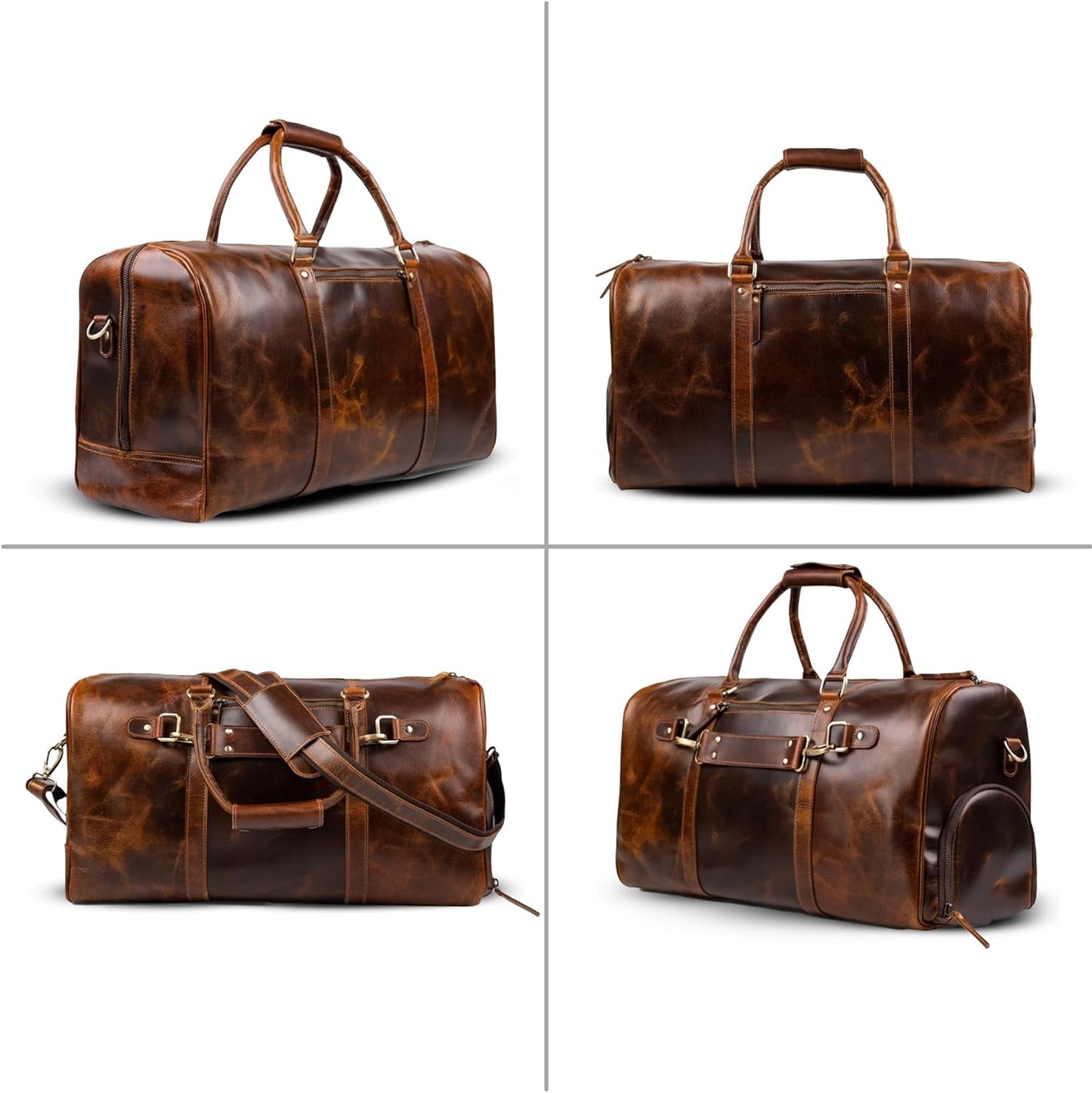 ELIZO Personalized Leather Duffle Bag For Men Women REAL FULL GRAIN Custom Travel Overnight Weekender Carry On Luggage Sports Gym Bags (Antique 20 Inch) Legacy