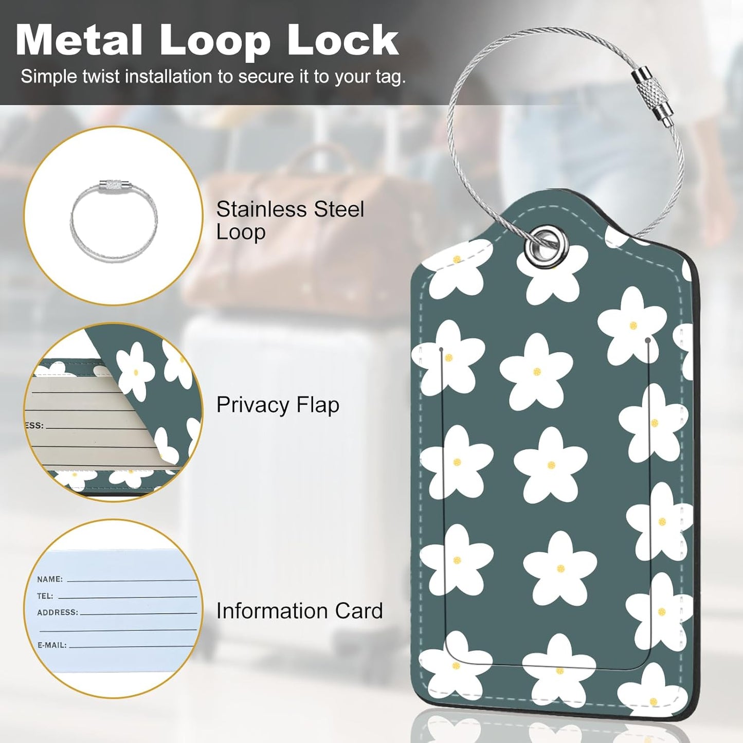 2Pack Luggage Tags for Suitcases, Cute Unique Pu Leather Cruise Luggage Tag with Privacy Cover ID Label Address Card and Metal Ring Suitable for Women Men Kids Travel Bag Little White Flower