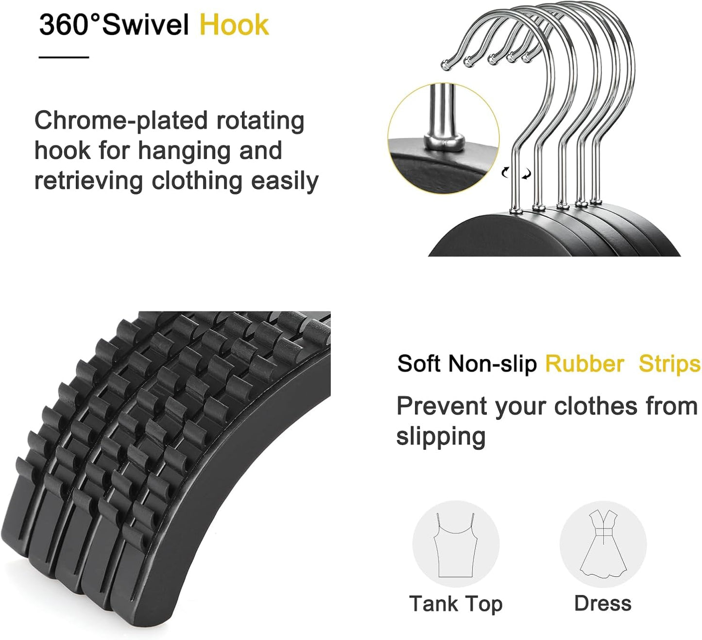 TOPIA HANGER Slim Wooden Hangers with Extra Soft Non-Slip Rubber Grips, 30-Pack High-Grade Fashion Hanger No Shoulder Bump for Sweater, Camisole, Jacket, Dress, Coat (Black)-CT15B30