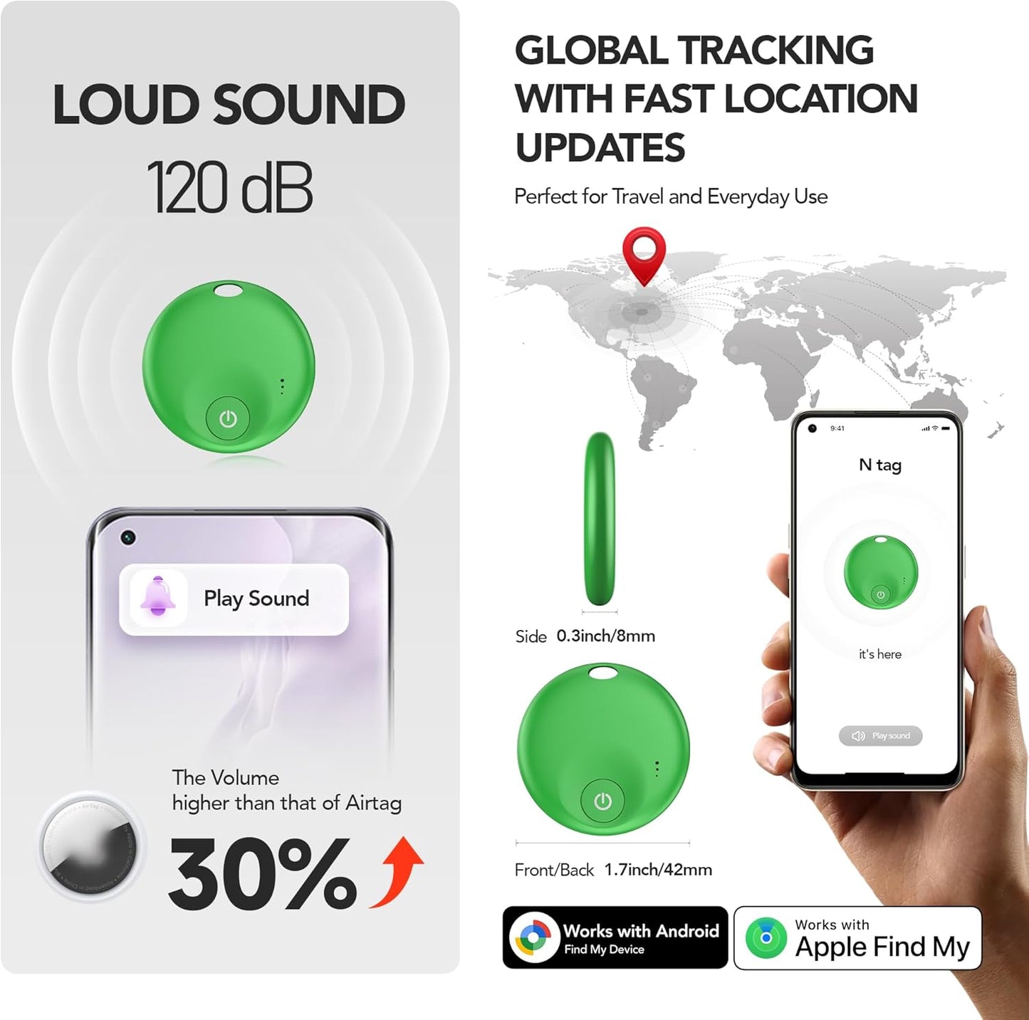 FindTag Duo - Dual System Tracker for iOS or Android, Bluetooth Tracking Tag/Key Finder/Luggage Tracker/Item Locator, Compatible with iOS Find My or Google Find Hub App (Green)