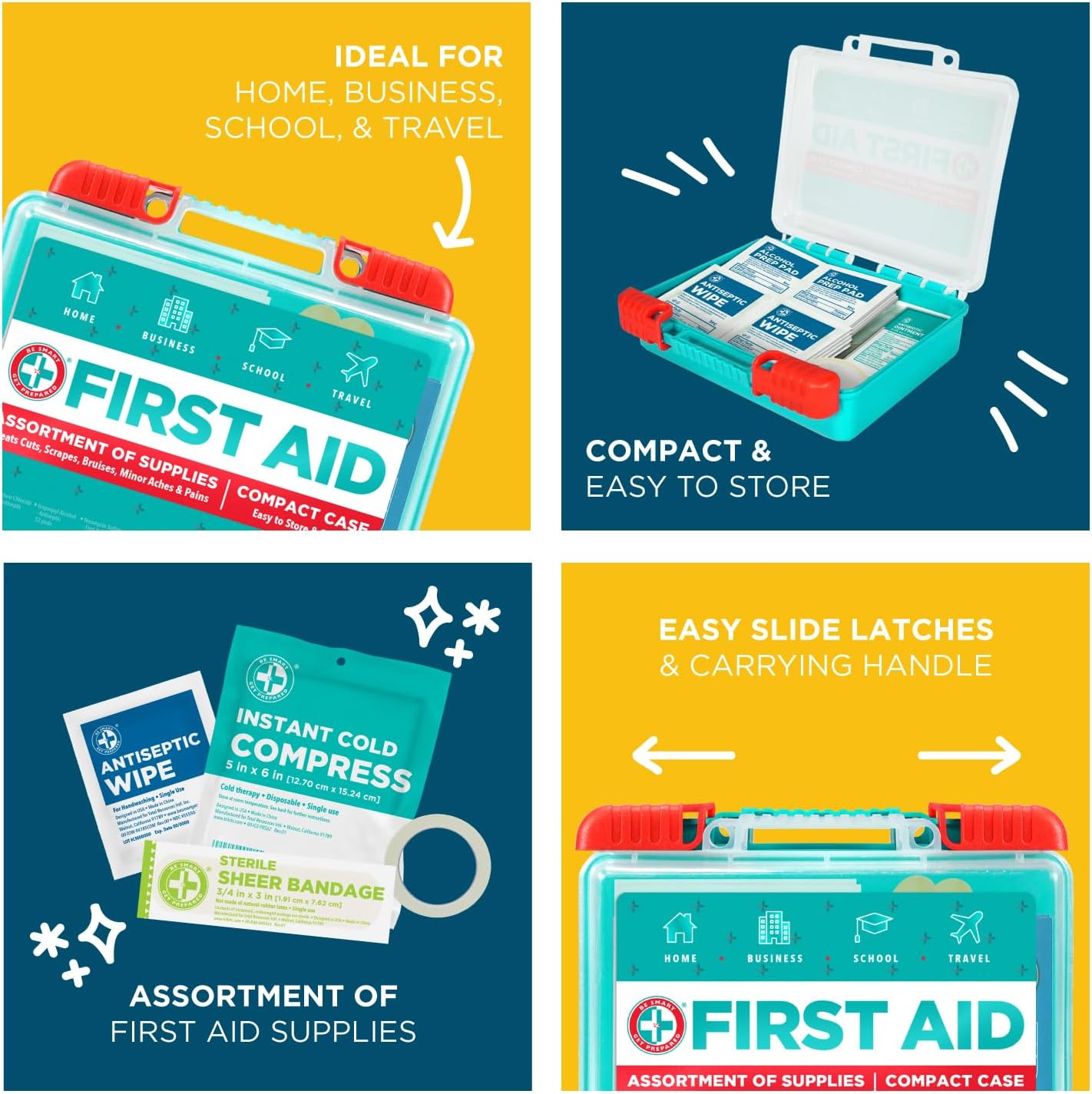 Be Smart Get Prepared 85 Piece First Aid Kit: Clean, Treat, Protect Minor Cuts, Scrapes. Home, Office, Car, School, Business, Travel, Emergency, Survival, Hunting, Outdoor, Camping & Sports, FSA HSA