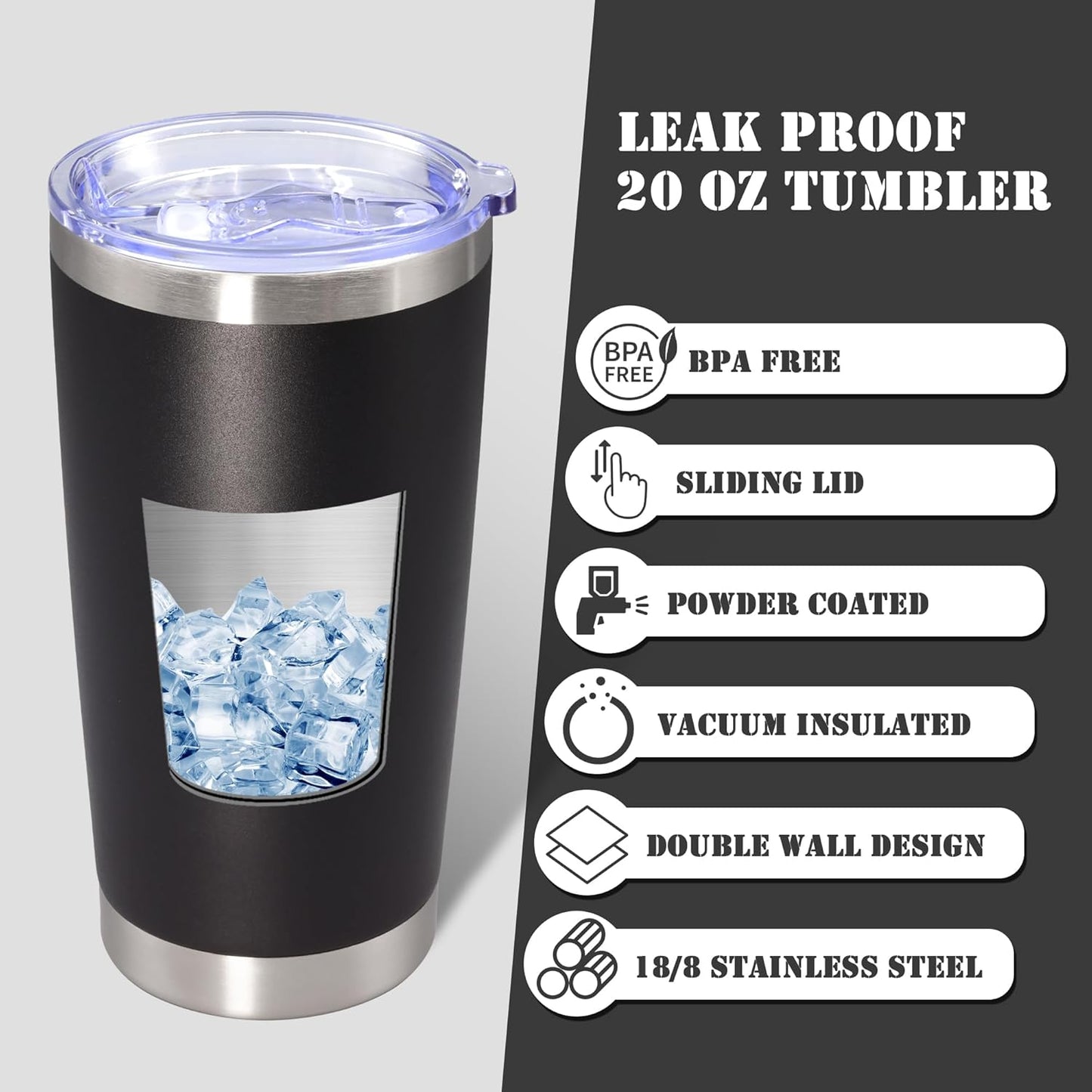 20 oz Tumbler with lid Double Wall Vacuum Insulated Tumblers Stainless Steel Coffee Mug Travel Coffee Tumbler Powder Coated Tumbler Cup Keep Hot&Cold - (Black 12 Pack)