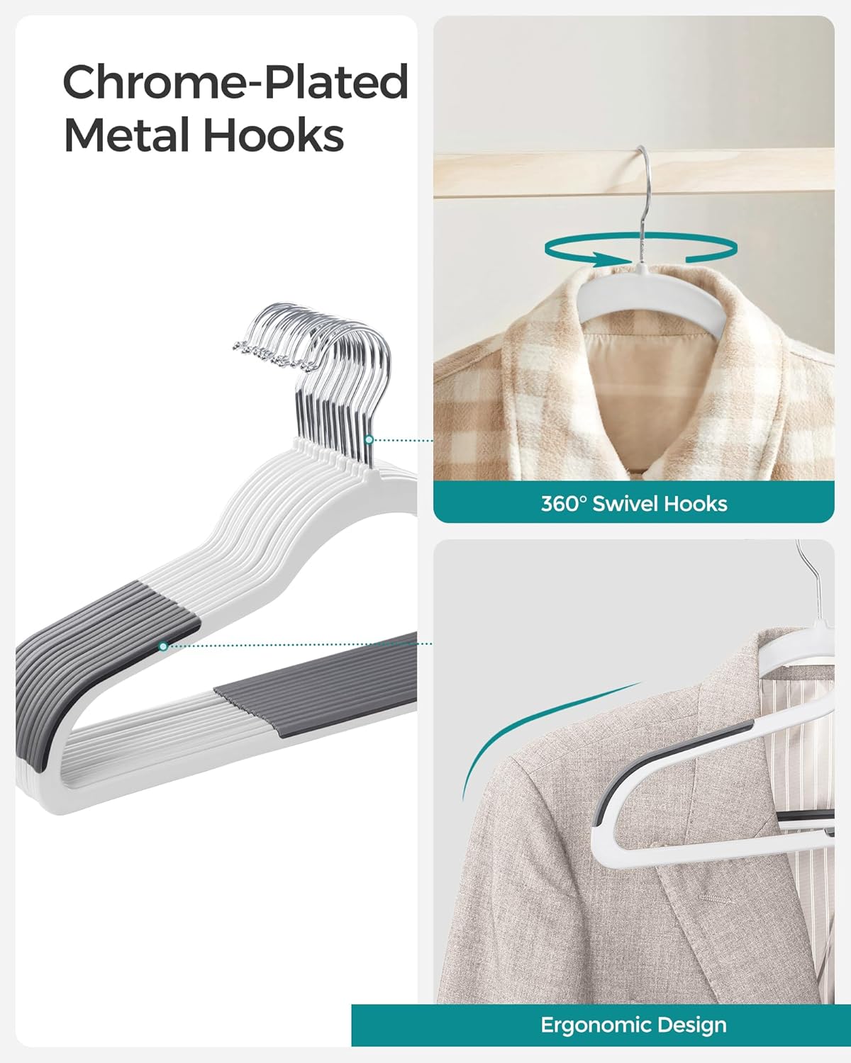 SONGMICS Clothes Hangers, Pack of 30 Plastic Coat Hangers, Space-Saving, White and Dark Gray UCRP050W03