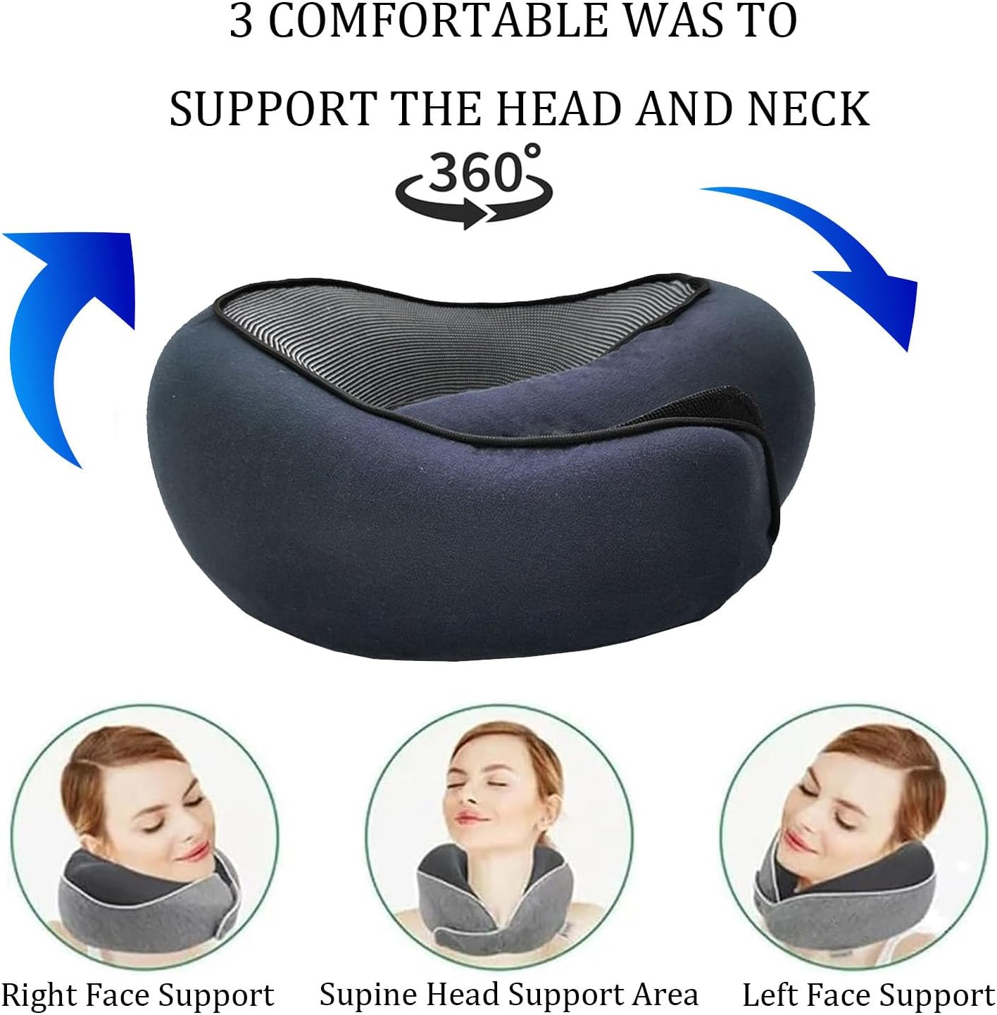 Travel Pillow, Travel Neck Pillow, 360 Degree Comfort and Breathability, Airplane Travel Neck Pillow, Stowable U-Shaped Pillow (Navy Blue)