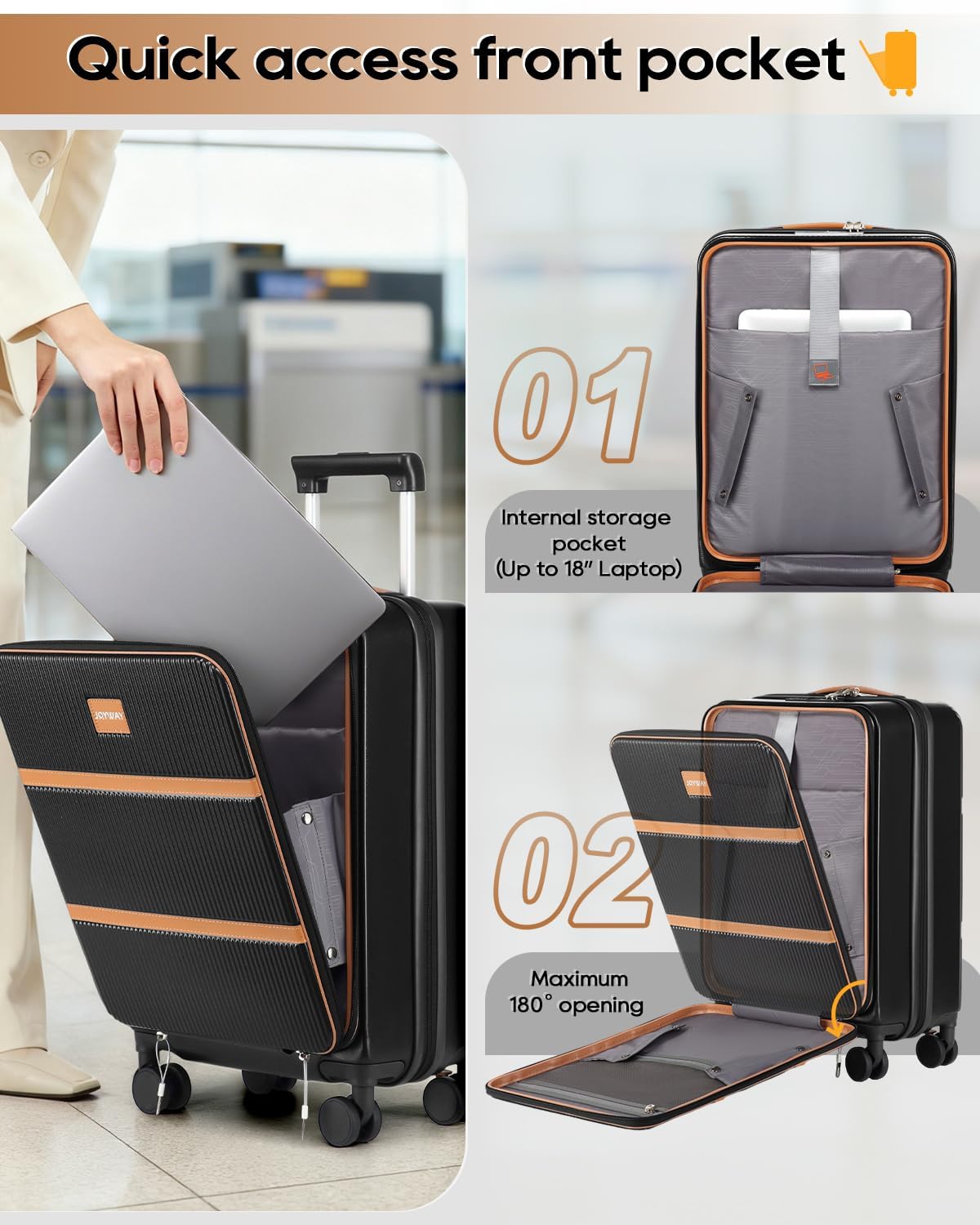 Joyway Carry on Luggage Airline Approved with Front Pocket, Hardside 20 Inch Travel Luggages with Cup Holder, Carry-on Suitcase with Spinner Wheels for Men and Women (Black, 20 Inch)