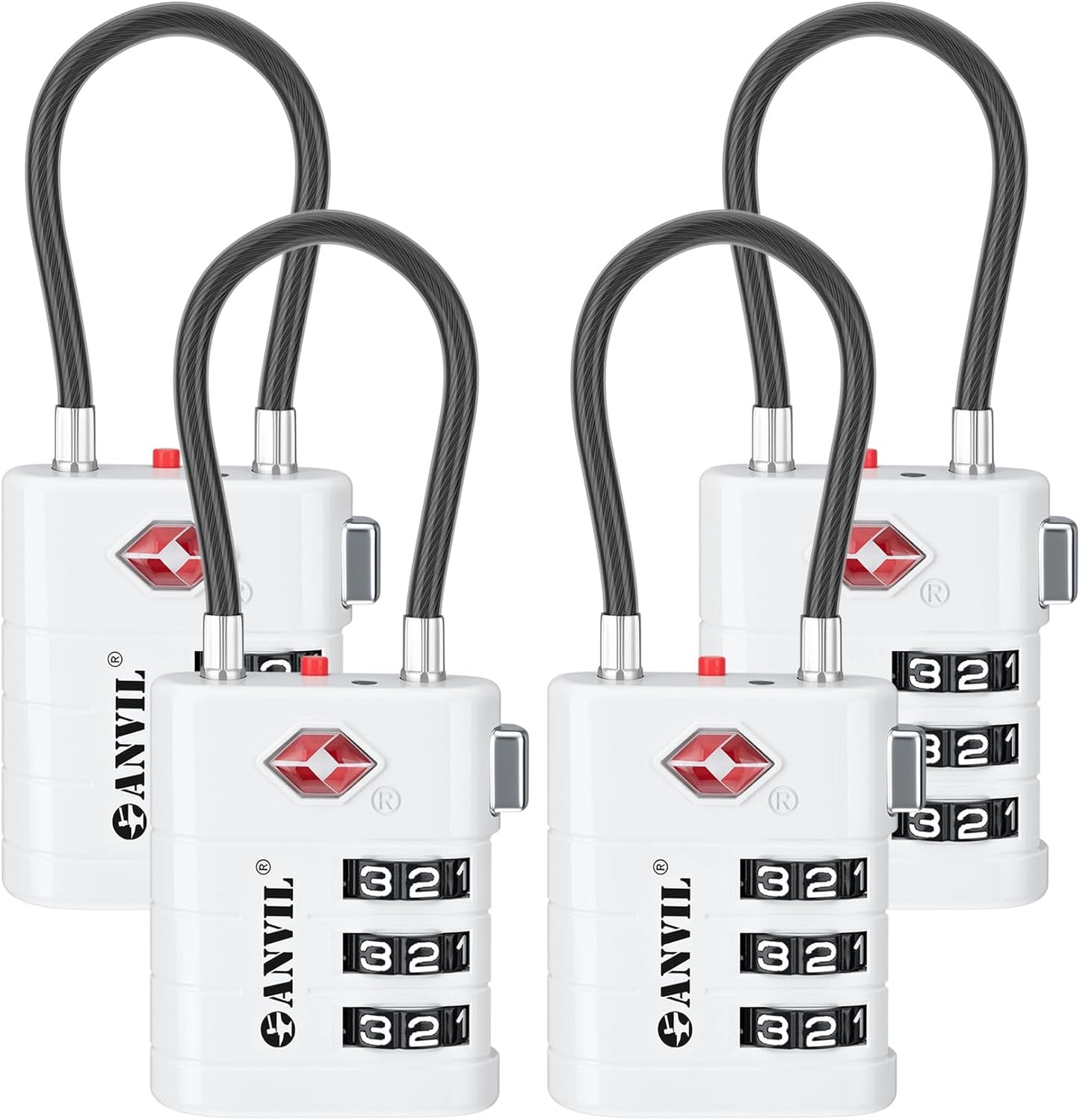 ANVIL TSA Approved Luggage Locks – High Security TSA008 Combination Travel Locks with Inspection Indicator for Suitcases and Backpacks. (4, White)