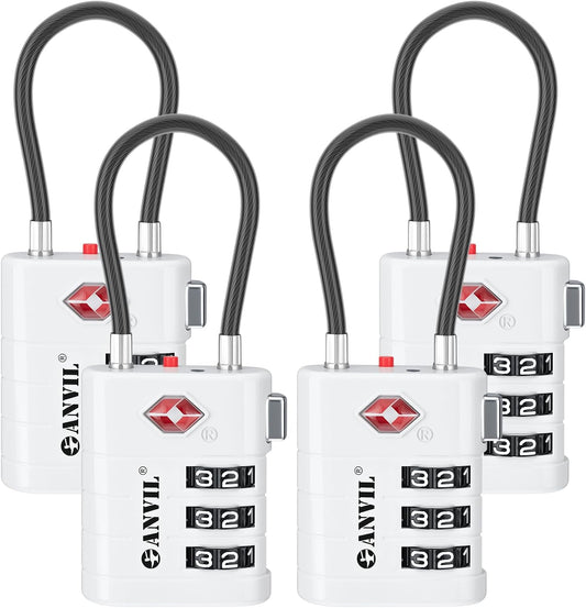 ANVIL TSA Approved Luggage Locks – High Security TSA008 Combination Travel Locks with Inspection Indicator for Suitcases and Backpacks. (4, White)