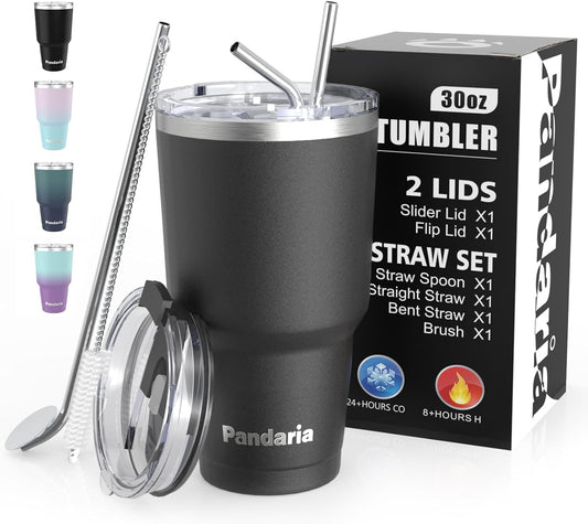 30 oz Travel Coffee Tumbler Cup, Double Wall Stainless Steel Reusable Spill Proof Tumbler with Straw, Leak Proof Insulated Tumbler with Straw for Iced Coffee, Tea & Water (Black)