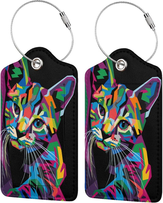 2-Pack Artistic Cat Luggage Tags for Suitcases, Leather Art Style Colorful Animal Baggage Tag with Loop, Funny Cool Name ID Card Cover Travel Bag Labels Set for Women Men Boys Girls Kids