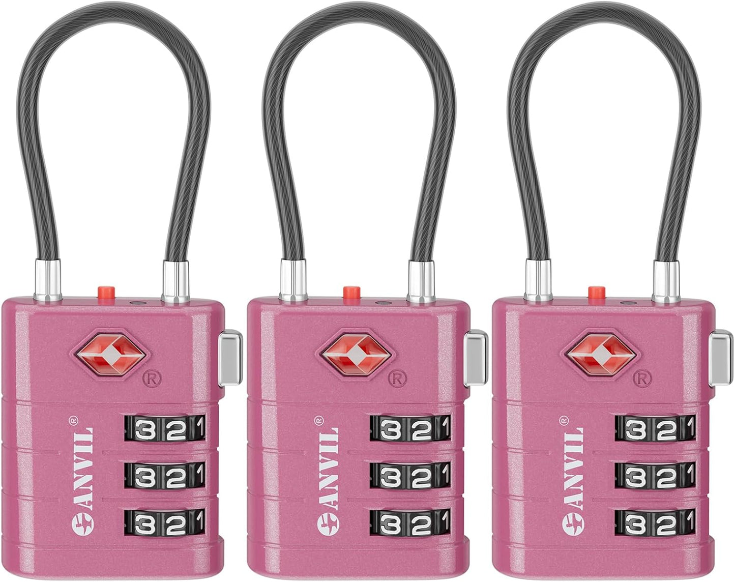 ANVIL TSA Approved Luggage Locks – High Security TSA008 Combination Travel Locks with Inspection Indicator for Suitcases and Backpacks. (3, Rose Purple)