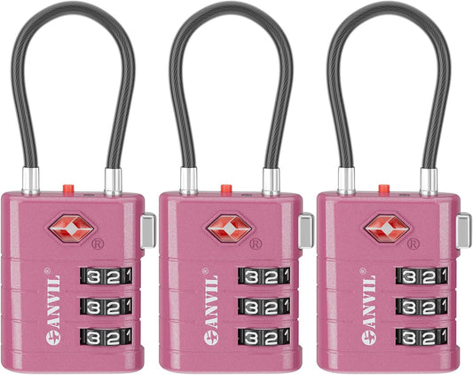 ANVIL TSA Approved Luggage Locks – High Security TSA008 Combination Travel Locks with Inspection Indicator for Suitcases and Backpacks. (3, Rose Purple)