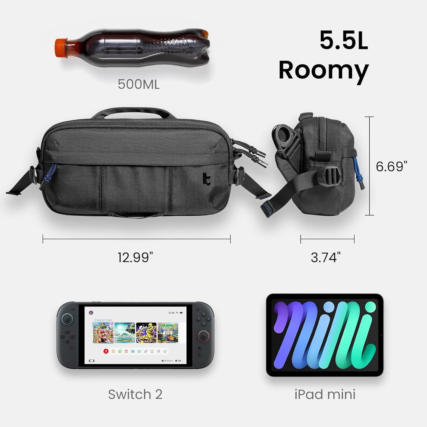 tomtoc 5.5L Sling Bag for Nintendo Switch 2, Heavy Duty Crossbody Bag for Men/Women, Water-resistant Tactical Carry Chest Daypack Travel Shoulder Pack for Steam Deck OLED, ASUS ROG Ally X, iPad mini