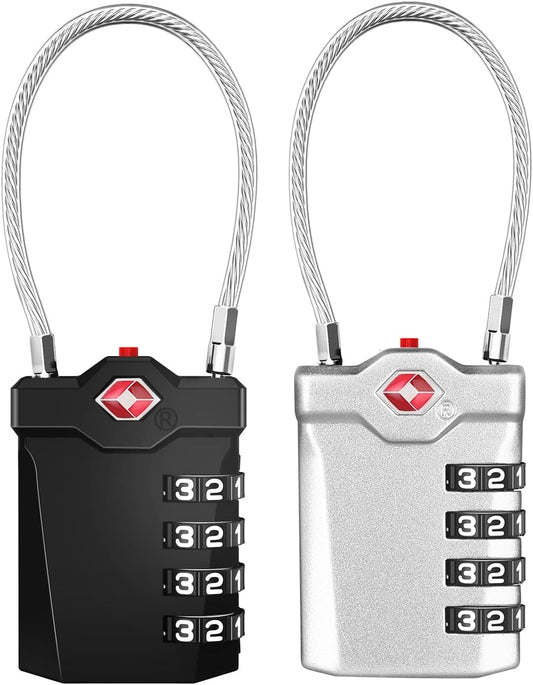 ZHEGE TSA Luggage Locks, Zipper Lock with Inspection Indicator, 4 Digit Cable Lock with 5.5 Inch Flexible Cable for Suitcase, Backpack, Baggage, Gym Locker, Toolbox (2 Pack, Black and Silver)